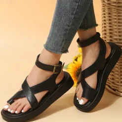 Women's Black Open Toe Sandals with Crisscross Straps and Ankle Buckle, Comfortable Flat Sole Summer Shoes for Walking, Travel, and Casual Wear