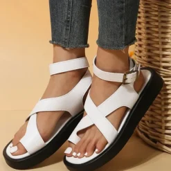 Women's Black Open Toe Sandals with Crisscross Straps and Ankle Buckle, Comfortable Flat Sole Summer Shoes for Walking, Travel, and Casual Wear