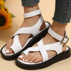 Women's Black Open Toe Sandals with Crisscross Straps and Ankle Buckle, Comfortable Flat Sole Summer Shoes for Walking, Travel, and Casual Wear