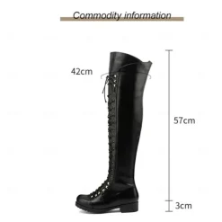 Women's Black Over-the-Knee Lace-Up Boots – Stylish High Faux Leather Boots with Rugged Sole for Outdoor and Fashion Occasions