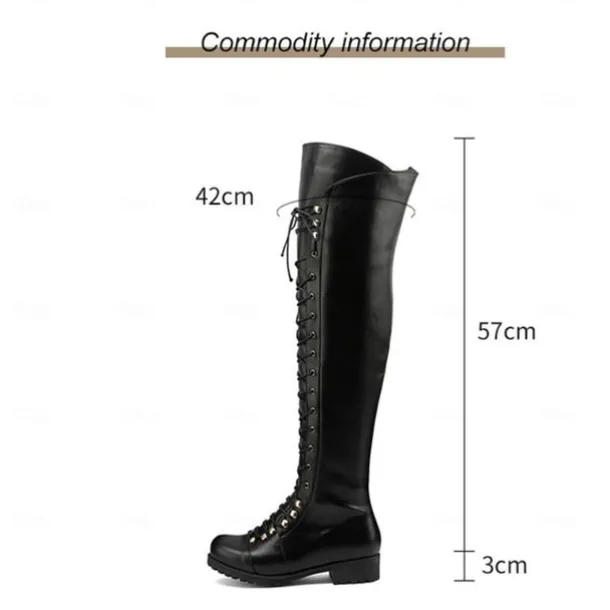 Women's Black Over-the-Knee Lace-Up Boots – Stylish High Faux Leather Boots with Rugged Sole for Outdoor and Fashion Occasions
