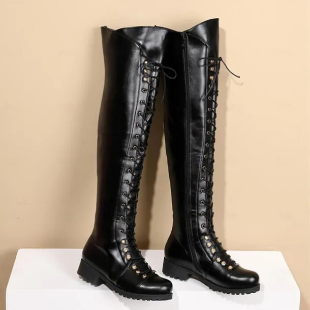 Women's Black Over-the-Knee Lace-Up Boots – Stylish High Faux Leather Boots with Rugged Sole for Outdoor and Fashion Occasions