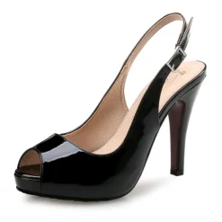 Women's Black Patent Leather Peep-Toe Slingback High Heels – Elegant Stiletto for Formal Events, Parties, and Evening Wear
