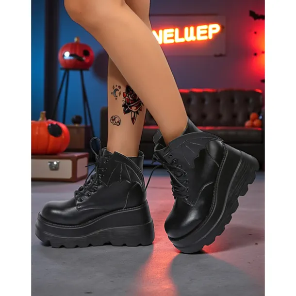 Women's Black Patent Leather Platform Ankle Boots - Bat Wing Lace-Up Gothic Punk Shoes, Chunky Heel Cosplay Boots for Halloween, Parties, and Alternative Fashion Outfits
