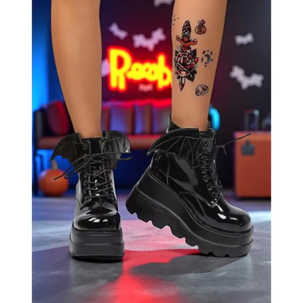 Women's Black Patent Leather Platform Ankle Boots - Bat Wing Lace-Up Gothic Punk Shoes, Chunky Heel Cosplay Boots for Halloween, Parties, and Alternative Fashion Outfits