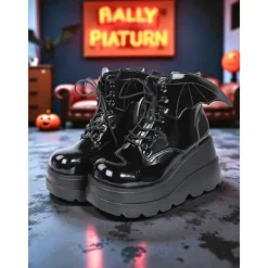 Women's Black Patent Leather Platform Ankle Boots - Bat Wing Lace-Up Gothic Punk Shoes, Chunky Heel Cosplay Boots for Halloween, Parties, and Alternative Fashion Outfits