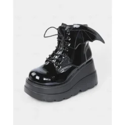Women's Black Patent Leather Platform Ankle Boots - Bat Wing Lace-Up Gothic Punk Shoes, Chunky Heel Cosplay Boots for Halloween, Parties, and Alternative Fashion Outfits