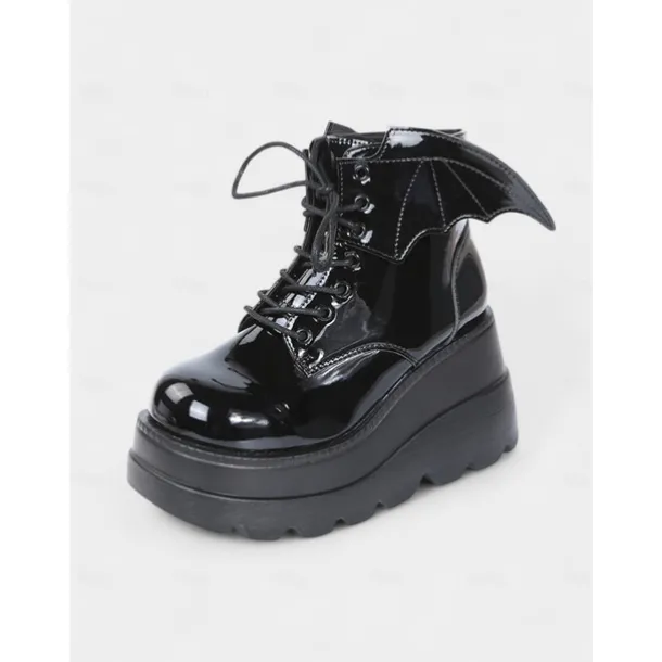 Women's Black Patent Leather Platform Ankle Boots - Bat Wing Lace-Up Gothic Punk Shoes, Chunky Heel Cosplay Boots for Halloween, Parties, and Alternative Fashion Outfits