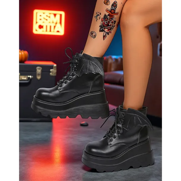 Women's Black Patent Leather Platform Ankle Boots - Bat Wing Lace-Up Gothic Punk Shoes, Chunky Heel Cosplay Boots for Halloween, Parties, and Alternative Fashion Outfits