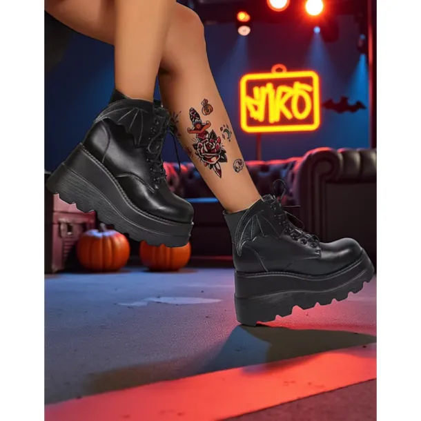Women's Black Patent Leather Platform Ankle Boots - Bat Wing Lace-Up Gothic Punk Shoes, Chunky Heel Cosplay Boots for Halloween, Parties, and Alternative Fashion Outfits