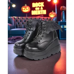 Women's Black Patent Leather Platform Ankle Boots - Bat Wing Lace-Up Gothic Punk Shoes, Chunky Heel Cosplay Boots for Halloween, Parties, and Alternative Fashion Outfits