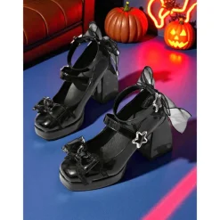 Women's Black Patent Leather Star Buckle Platform Heels – Gothic Lolita Style Mary Jane Shoes with Bows and Sheer Ribbon, Ideal for Halloween, Cosplay and Retro-Inspired Fashion