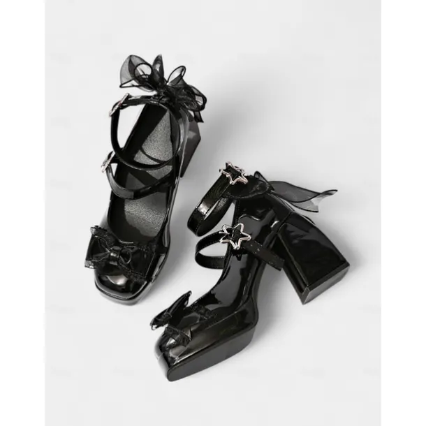 Women's Black Patent Leather Star Buckle Platform Heels – Gothic Lolita Style Mary Jane Shoes with Bows and Sheer Ribbon, Ideal for Halloween, Cosplay and Retro-Inspired Fashion
