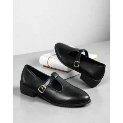 Women's Black Patent T-Strap Mary Jane Shoes – Pointed Toe Low Block Shoes for Office, School and Semi-Formal Events