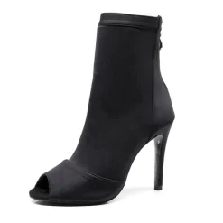 Women's Black Peep-Toe Dance Booties with Stiletto Heels - Elegant Performance Footwear for Ballroom and Latin Dance