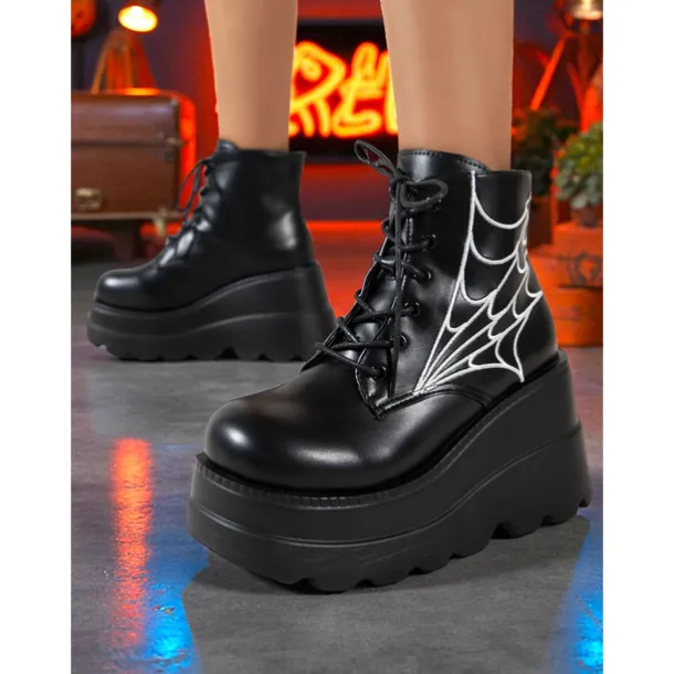 Women's Black Platform Boots with Spider Web Design - Chunky Lace-Up Ankle Boots for Halloween, Cosplay, and Masquerade Balls, Punk and Gothic Style, Comfortable for All-Day Wear