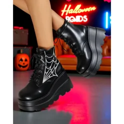 Women's Black Platform Boots with Spider Web Design - Chunky Lace-Up Ankle Boots for Halloween, Cosplay, and Masquerade Balls, Punk and Gothic Style, Comfortable for All-Day Wear