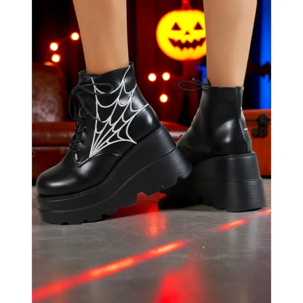 Women's Black Platform Boots with Spider Web Design - Chunky Lace-Up Ankle Boots for Halloween, Cosplay, and Masquerade Balls, Punk and Gothic Style, Comfortable for All-Day Wear