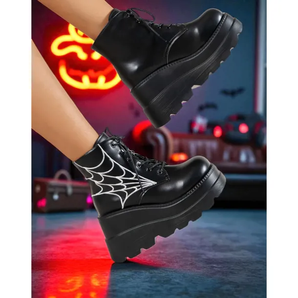 Women's Black Platform Boots with Spider Web Design - Chunky Lace-Up Ankle Boots for Halloween, Cosplay, and Masquerade Balls, Punk and Gothic Style, Comfortable for All-Day Wear
