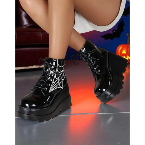 Women's Black Platform Boots with Spider Web Design - Chunky Lace-Up Ankle Boots for Halloween, Cosplay, and Masquerade Balls, Punk and Gothic Style, Comfortable for All-Day Wear