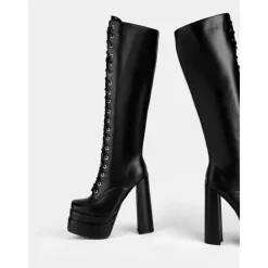 Women's Black Platform Knee-High Lace-Up Boots – Gothic Punk Style with Chunky Heel, Ideal for Halloween and Cosplay