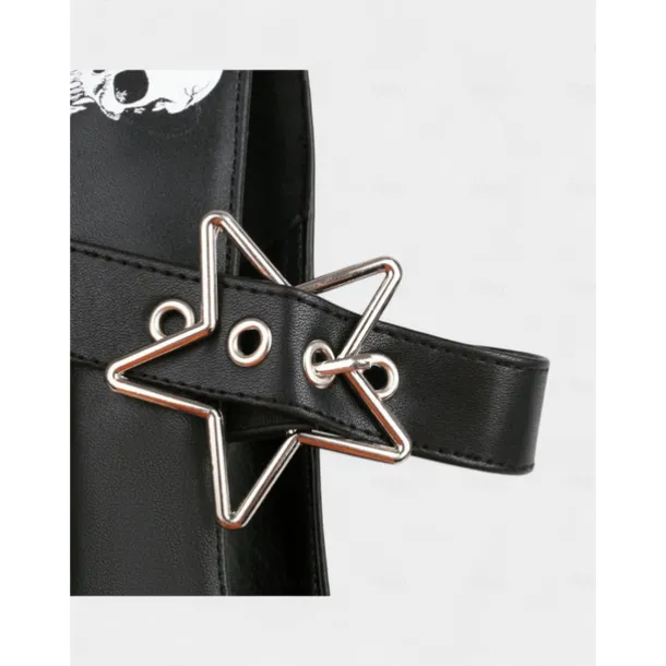 Women's Black Platform Mary Jane Heels with Skull Print and Star Buckle – Gothic Halloween Costume Shoes for Punk Fashion, Cosplay and Themed Events