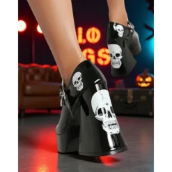 Women's Black Platform Mary Jane Heels with Skull Print and Star Buckle – Gothic Halloween Costume Shoes for Punk Fashion, Cosplay and Themed Events