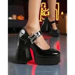 Women's Black Platform Mary Jane Heels with Skull Print and Star Buckle – Gothic Halloween Costume Shoes for Punk Fashion, Cosplay and Themed Events