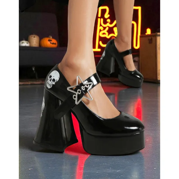 Women's Black Platform Mary Jane Heels with Skull Print and Star Buckle – Gothic Halloween Costume Shoes for Punk Fashion, Cosplay and Themed Events