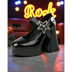 Women's Black Platform Mary Jane Heels with Skull Print and Star Buckle – Gothic Halloween Costume Shoes for Punk Fashion, Cosplay and Themed Events
