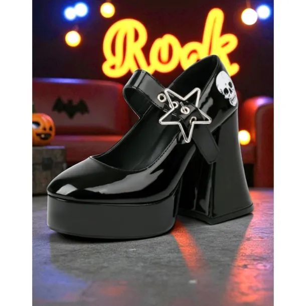 Women's Black Platform Mary Jane Heels with Skull Print and Star Buckle – Gothic Halloween Costume Shoes for Punk Fashion, Cosplay and Themed Events