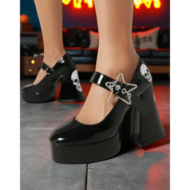 Women's Black Platform Mary Jane Heels with Skull Print and Star Buckle – Gothic Halloween Costume Shoes for Punk Fashion, Cosplay and Themed Events