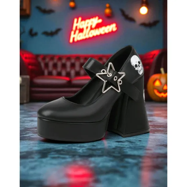 Women's Black Platform Mary Jane Heels with Skull Print and Star Buckle – Gothic Halloween Costume Shoes for Punk Fashion, Cosplay and Themed Events