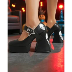 Women's Black Platform Mary Jane Heels with Skull Print and Star Buckle – Gothic Halloween Costume Shoes for Punk Fashion, Cosplay and Themed Events