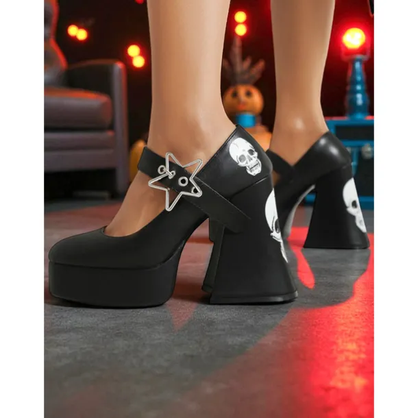 Women's Black Platform Mary Jane Heels with Skull Print and Star Buckle – Gothic Halloween Costume Shoes for Punk Fashion, Cosplay and Themed Events