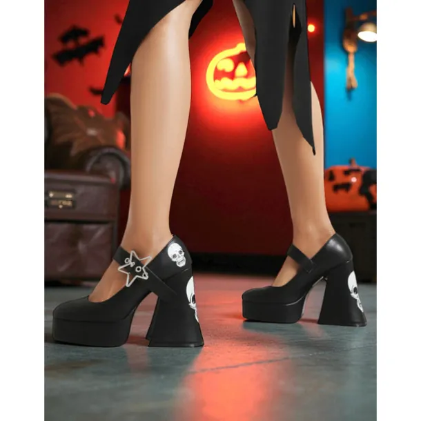 Women's Black Platform Mary Jane Heels with Skull Print and Star Buckle – Gothic Halloween Costume Shoes for Punk Fashion, Cosplay and Themed Events
