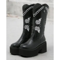 Women's Black Platform Western Cowboy Boots – Embroidered Butterfly Design with Chunky Heel and Side Zipper for Vintage and Modern Styling