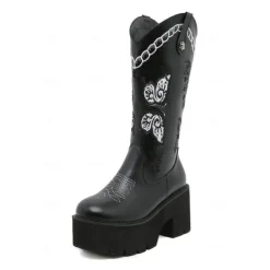 Women's Black Platform Western Cowboy Boots – Embroidered Butterfly Design with Chunky Heel and Side Zipper for Vintage and Modern Styling