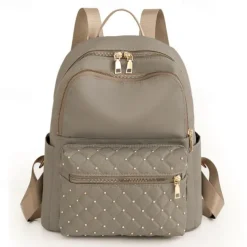 Women's Black Quilted Nylon Backpack with Gold Zippers and Studded Front Pocket – Stylish Lightweight Bag for School, Work, or Daily Use