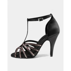 Women's Black Rhinestone T-Strap Latin Dance Shoes – Professional Ballroom Performance Heels