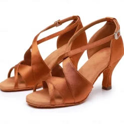 Women's Black Satin Cross-Strap Ballroom Dance Shoes with Open Toe, Perfect Heels for Latin and Salsa Dancing