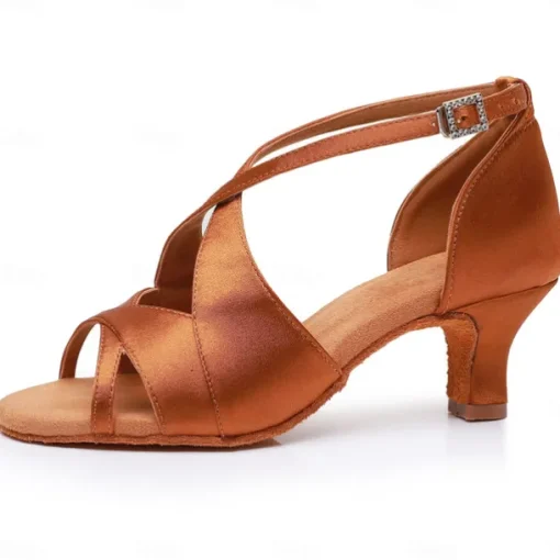 Women's Black Satin Cross-Strap Ballroom Dance Shoes with Open Toe, Perfect Heels for Latin and Salsa Dancing