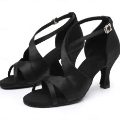 Women's Black Satin Cross-Strap Ballroom Dance Shoes with Open Toe, Perfect Heels for Latin and Salsa Dancing