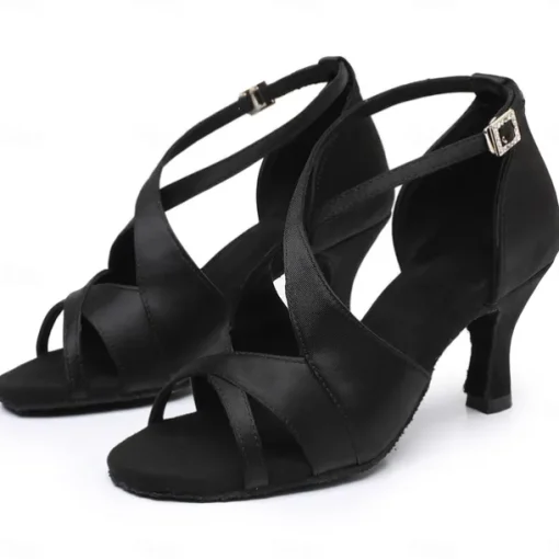 Women's Black Satin Cross-Strap Ballroom Dance Shoes with Open Toe, Perfect Heels for Latin and Salsa Dancing
