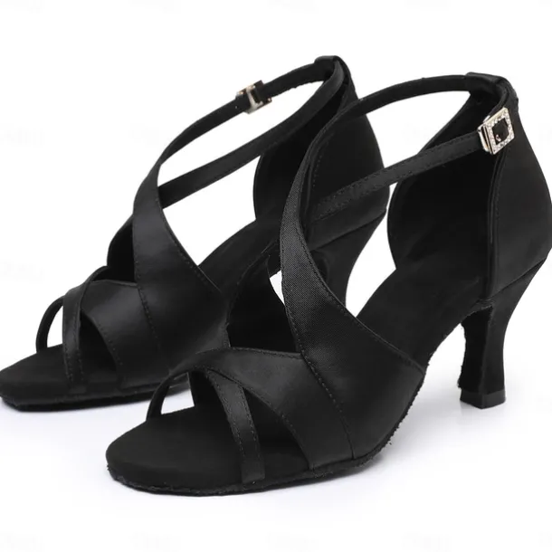 Women's Black Satin Cross-Strap Ballroom Dance Shoes with Open Toe, Perfect Heels for Latin and Salsa Dancing