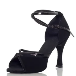 Women's Black Satin Dance Heels with Soft Suede Sole – Elegant Open-Toe Design with Ankle Strap for Latin and Ballroom Dance