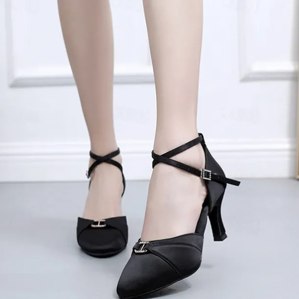 Women's Black Satin Latin Dance Shoes - Elegant Ankle Strap Heels with Rhinestone Buckle and Suede Sole for Ballroom and Salsa Performances