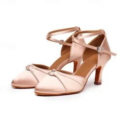 Women's Black Satin Latin Dance Shoes - Elegant Ankle Strap Heels with Rhinestone Buckle and Suede Sole for Ballroom and Salsa Performances
