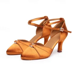 Women's Black Satin Latin Dance Shoes - Elegant Ankle Strap Heels with Rhinestone Buckle and Suede Sole for Ballroom and Salsa Performances