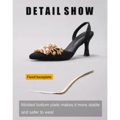 Women's Black Satin Slingback Heels with Pearl Detailing - Stylish Heels for Cocktail Parties and Night Events